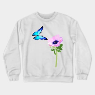 Blue butterfly and pink anemone flower Crewneck Sweatshirt